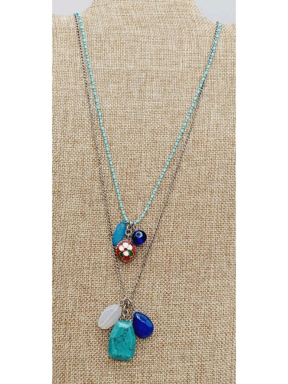 Express Silver Tone Turquoise Color Chain Necklace Cloisonne Metal Plastic